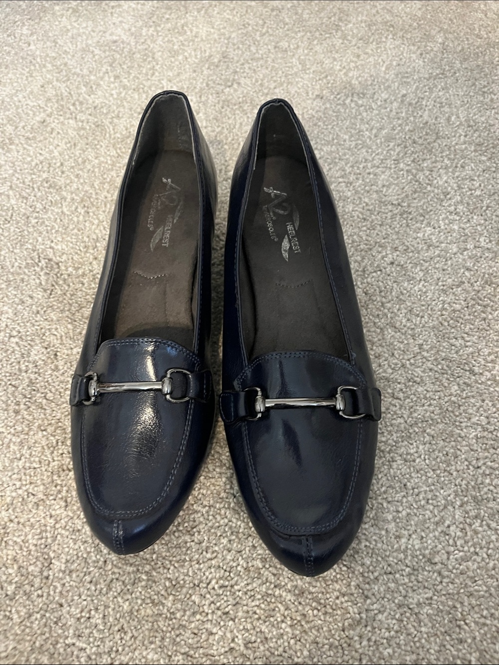 A2 Women's Navy Leather wedge Loafers with Silver Hardware